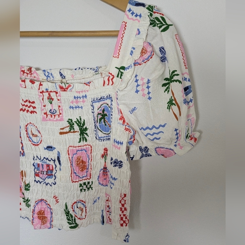 Monteau New Lined Blend Cropped Top Short Sleeve Size L Tropical Fun Hippie Boho - Picture 2 of 9